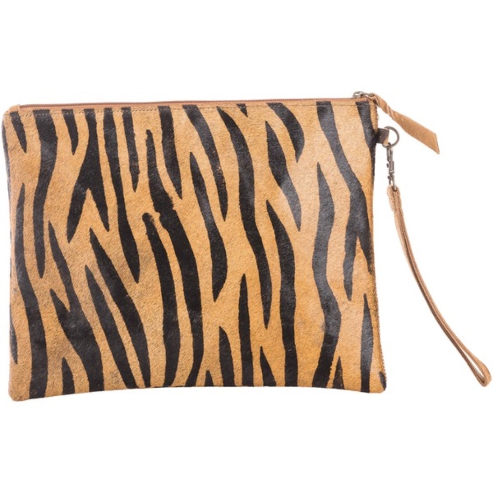 Suede black and cognac zebra print large wristlet clutch